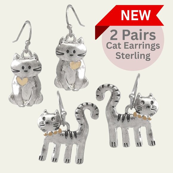2 Pairs of Sterling Silver Cat Lovers Pets Theme Dangle Earrings NEW Gift Idea - Picture 1 of 5